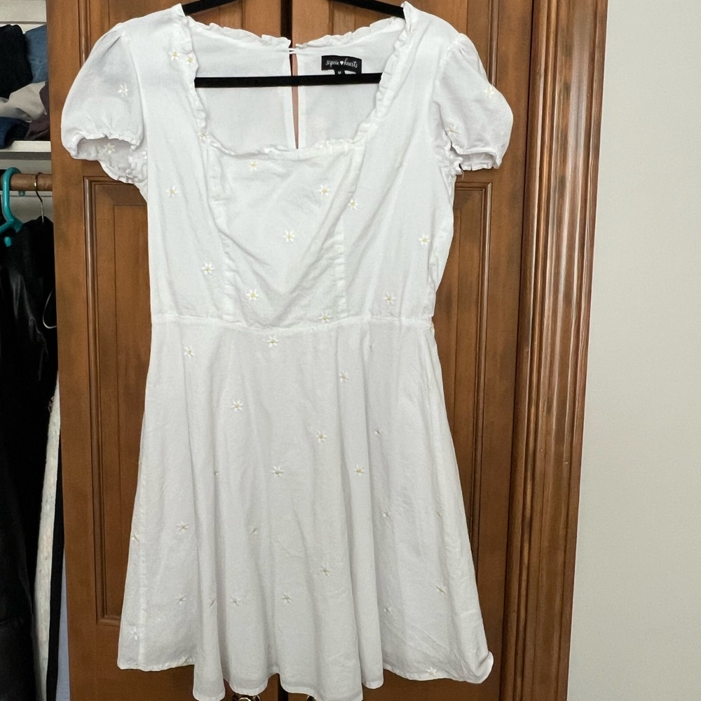 Sequin Hearts White Dress with Floral Embroidery
